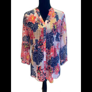 Charter Club Blouse Size Petite Large PL Pink Navy Sheer Flowy Top